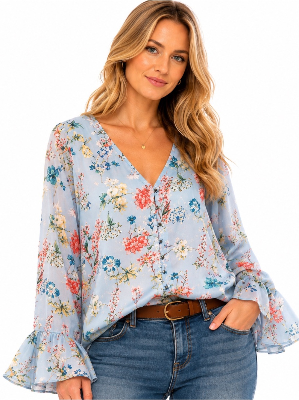 Sanctuary Blue Floral Bell Sleeve Blouse Size Small Like New